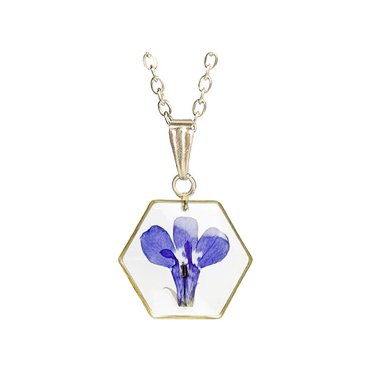 Lobelia-kukkakaulakoru, aito kukka hartsikorussa, hexagon-riipus – real flower necklace