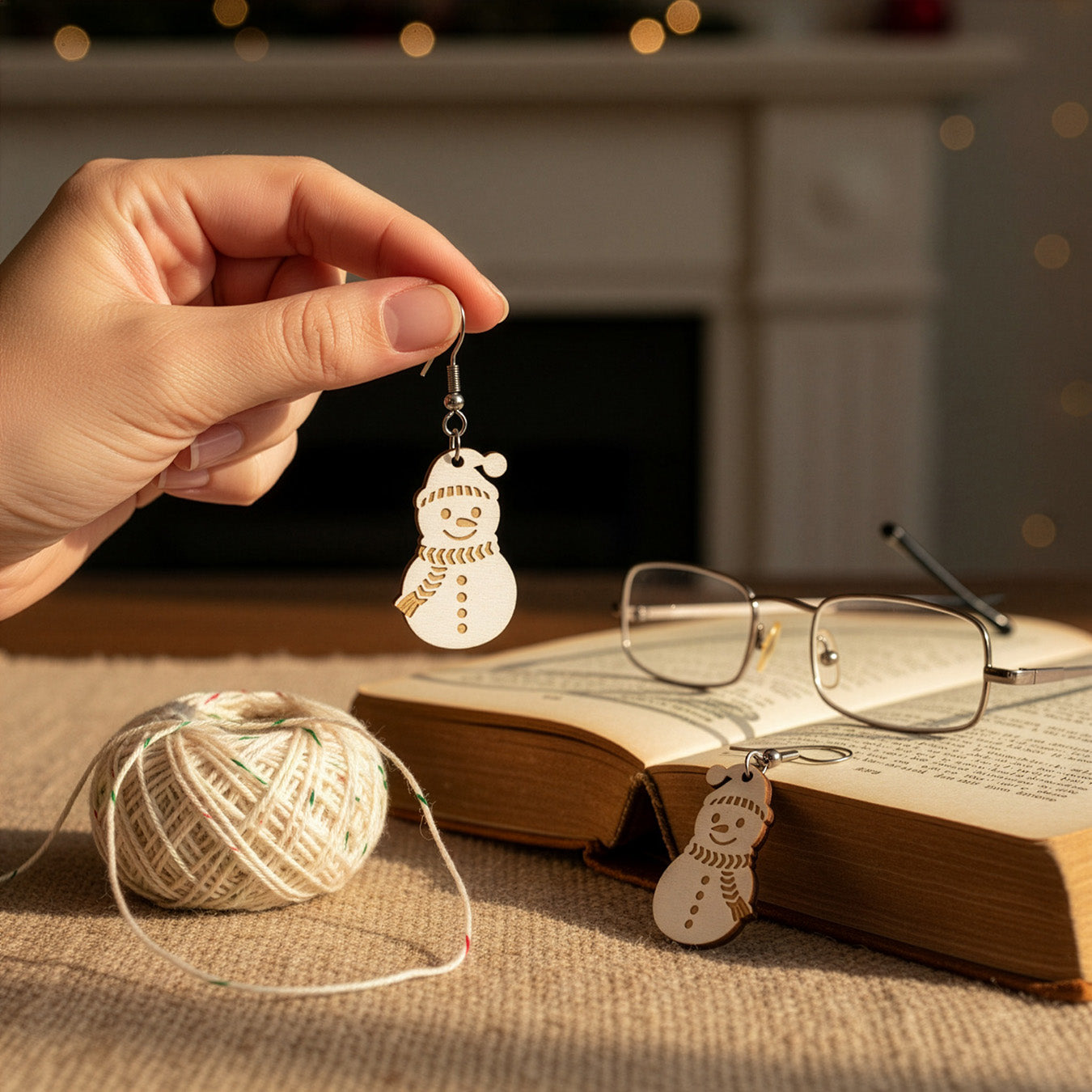 Hand holding a snowman earring beside books, glasses, and yarn in a cozy winter setting. Handmade in Finland by byMinta.