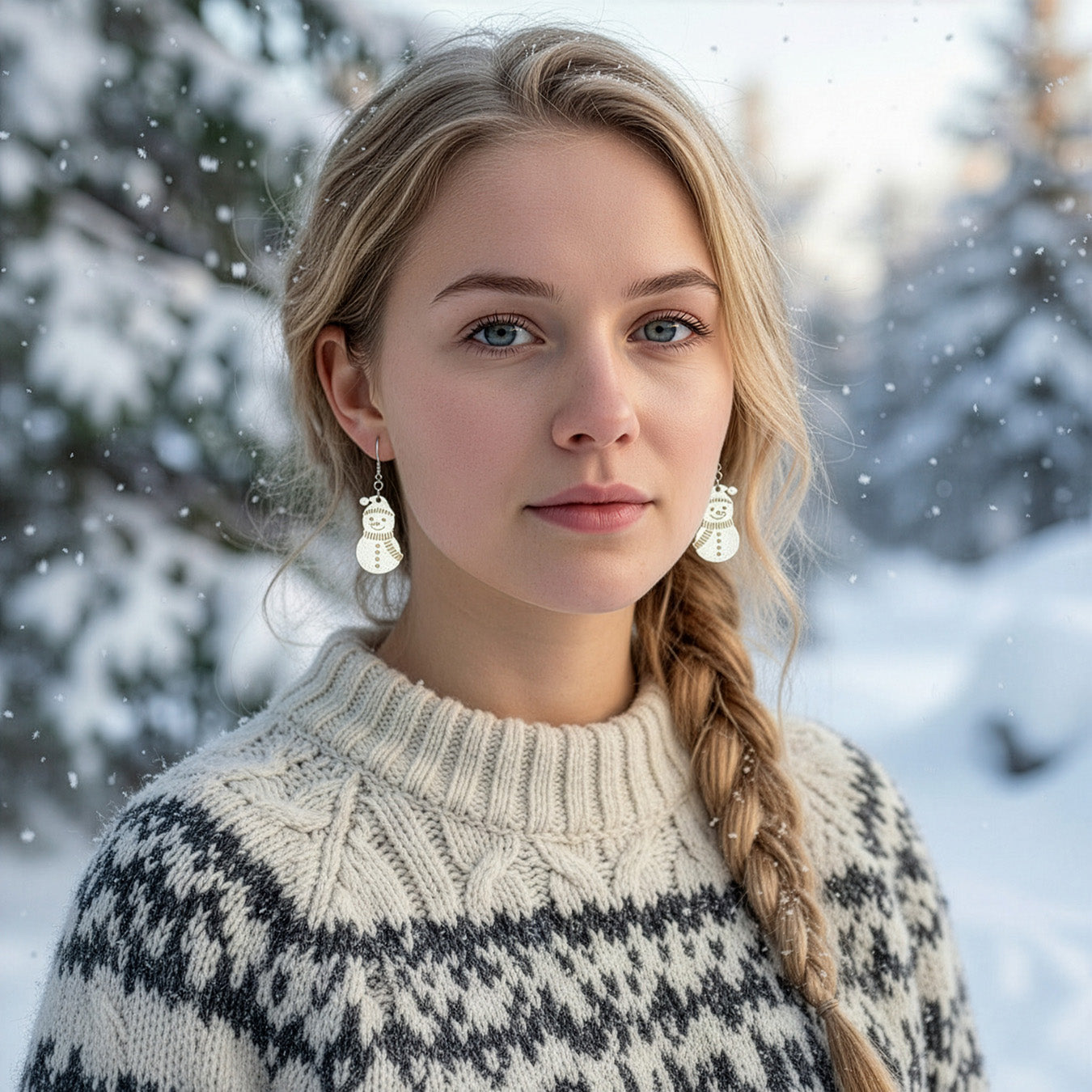 Blonde woman wearing snowman earrings in a snowy winter landscape, dressed in a warm Nordic knit sweater. Handmade in Finland by byMinta.