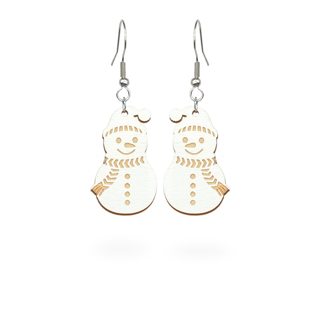 Snowman earrings handmade from Finnish birch plywood, painted on both sides and inspired by playful winter days. Handmade in Finland by byMinta.