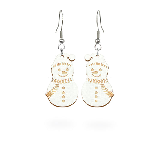 Snowman earrings handmade from Finnish birch plywood, painted on both sides and inspired by playful winter days. Handmade in Finland by byMinta.