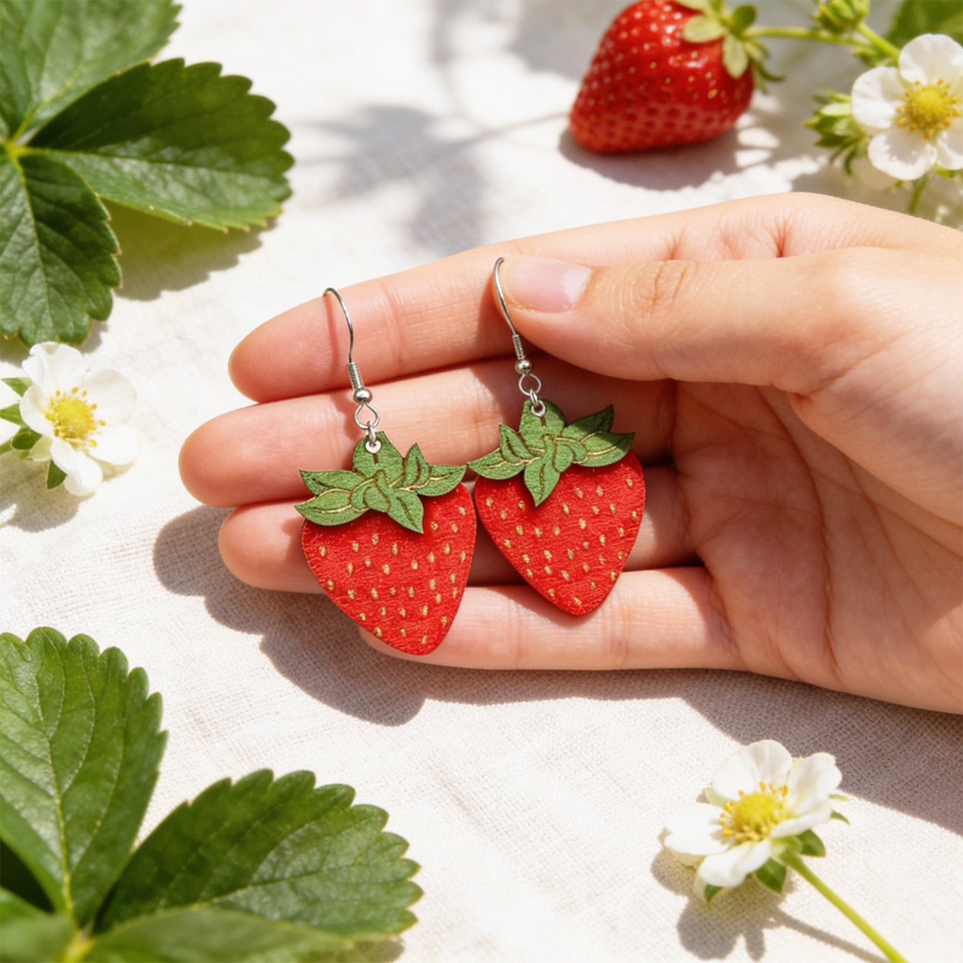 Hand holding handmade strawberry earrings for size reference among fresh strawberry leaves and white strawberry flowers. Lightweight Finnish birch plywood berry earrings photographed in bright natural sunlight with a fresh Nordic summer atmosphere.