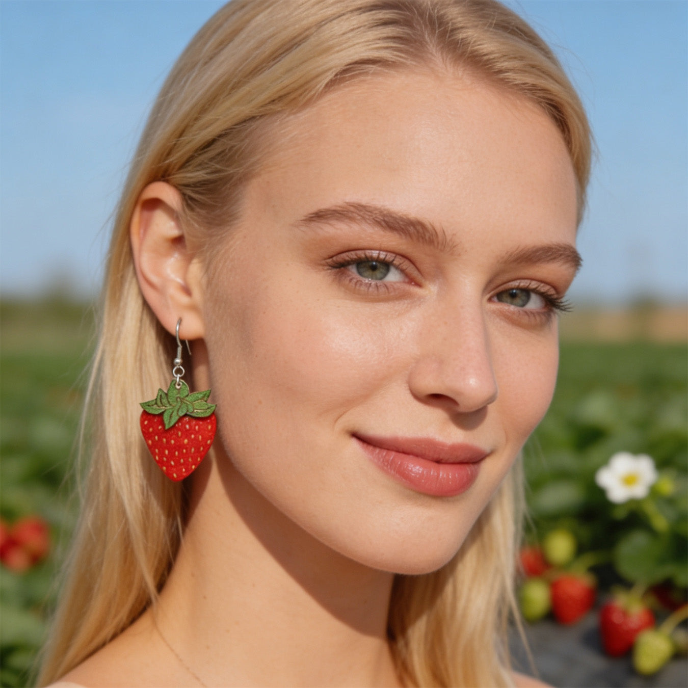 Close-up portrait of a Scandinavian woman wearing handmade strawberry earrings in a sunlit strawberry field. Lightweight Finnish birch plywood berry earrings photographed in bright natural daylight with a fresh Nordic summer atmosphere.