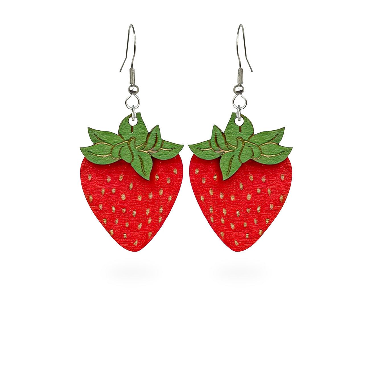 Handmade strawberry earrings crafted from Finnish birch plywood. Lightweight red berry earrings with engraved seed details and playful Nordic-inspired design.