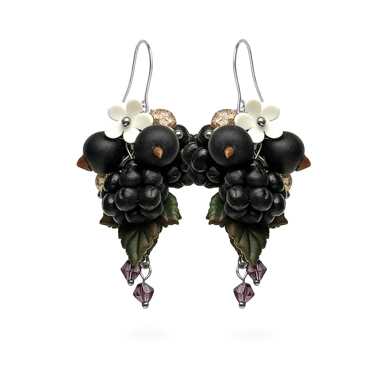 Berry Harvest Earrings featuring hand-shaped blackcurrants, boysenberries, and delicate white flowers. Handmade in Finland by byMinta.