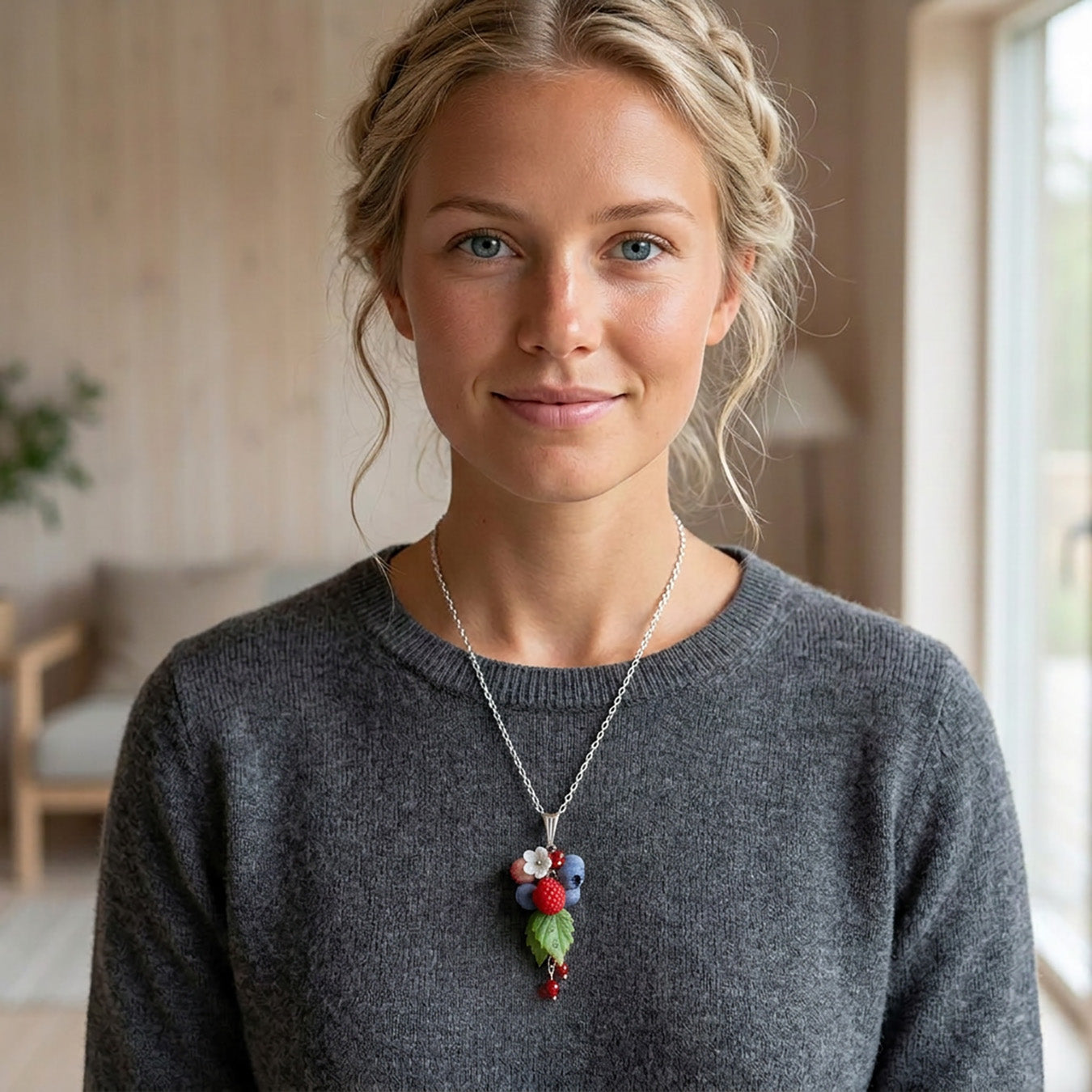 Blonde woman wearing the Berry Dance Necklace. Handmade necklace with hand-shaped berries and leaves, photographed in natural summer light. Handmade in Finland by byMinta.