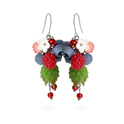 Dancing Berries Earrings featuring hand-shaped raspberries, blueberries, delicate leaves, and rich berry tones. Handmade in Finland by byMinta.