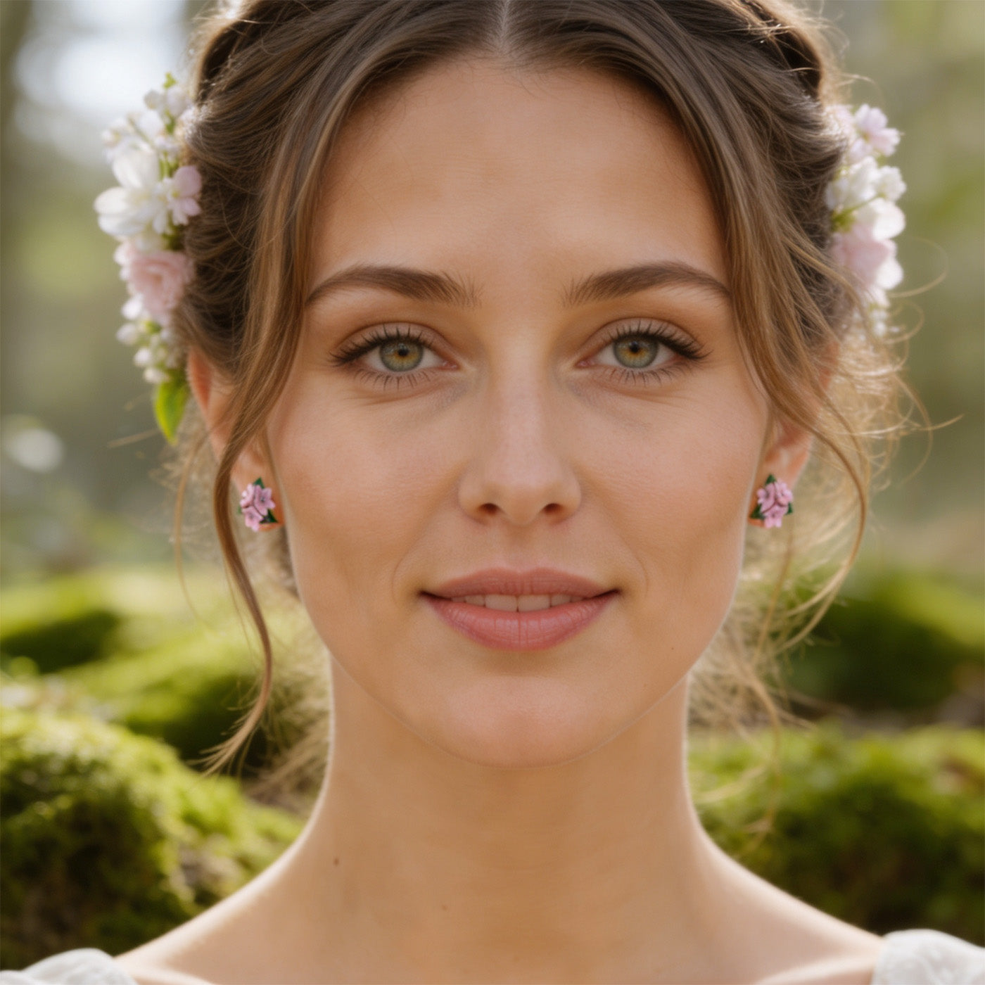 Woman wearing pink Forest Star stud earrings by byMinta, inspired by Nordic woodland flowers and photographed in soft natural summer light.