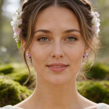 Woman wearing pink Forest Star stud earrings by byMinta, inspired by Nordic woodland flowers and photographed in soft natural summer light.