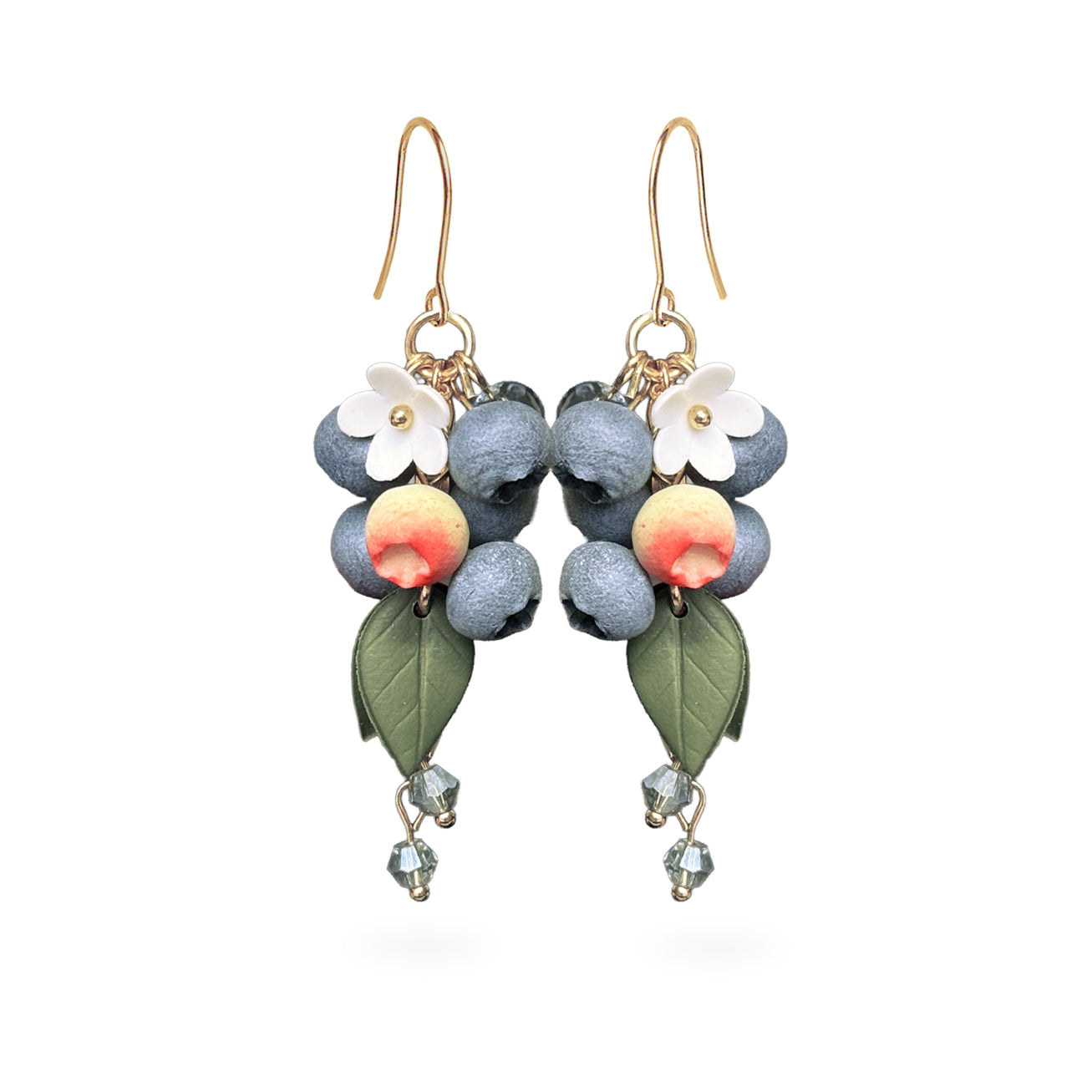 Handcrafted blueberry cluster earrings with polymer clay berries, white flowers and 18K gold plated stainless steel hooks.