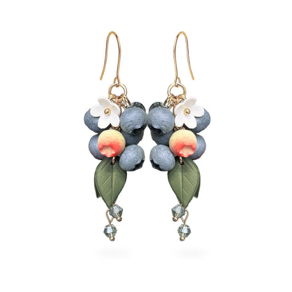 Handcrafted blueberry cluster earrings with polymer clay berries, white flowers and 18K gold plated stainless steel hooks.