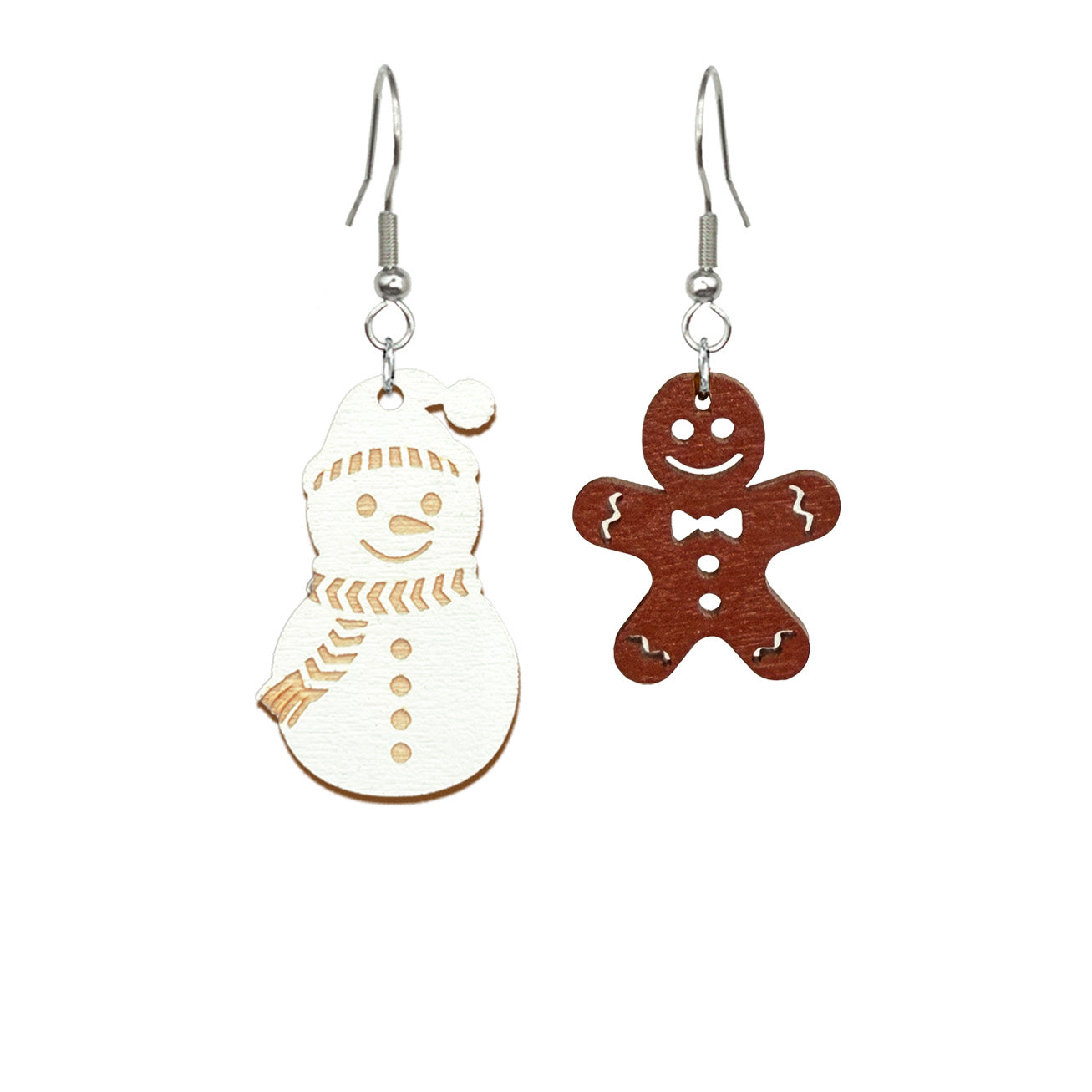 nisse ja lumiukko koru, leikkisä joulukoru, handmade elf and snowman earrings, lightweight Nordic jewelry from Finland byMinta
