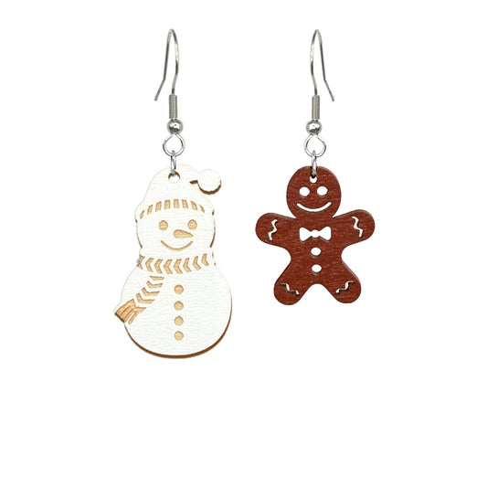 nisse ja lumiukko koru, leikkisä joulukoru, handmade elf and snowman earrings, lightweight Nordic jewelry from Finland byMinta