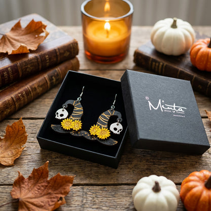 Witch Hat Earrings in byMinta gift box with autumn leaves and pumpkins.