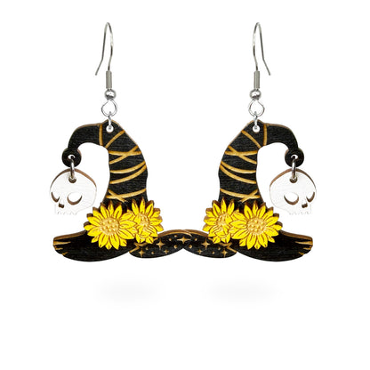 Witch Hat Earrings with skull and sunflower details made from Finnish birch plywood.