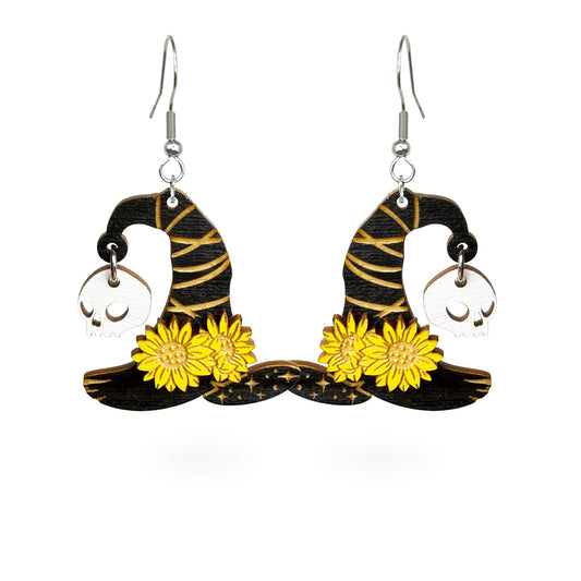 Witch Hat Earrings with skull and sunflower details made from Finnish birch plywood.