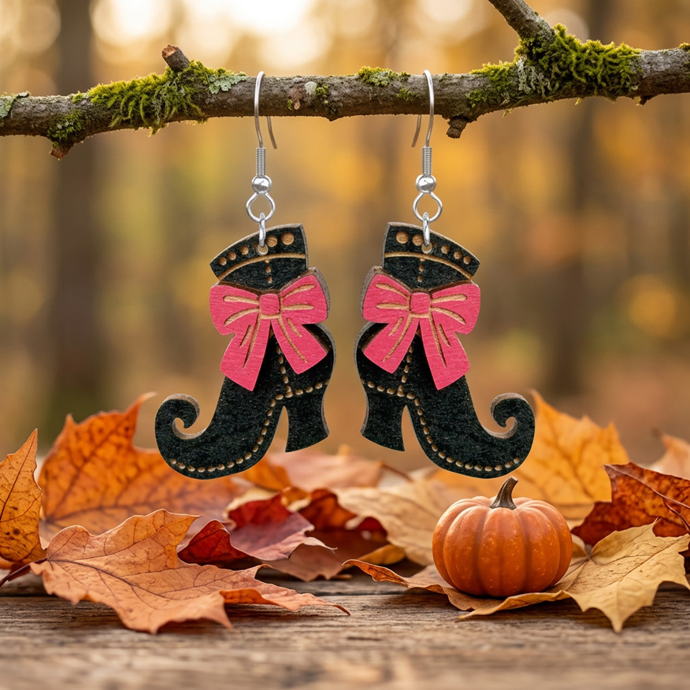 Witch shoes earrings hanging from a branch with autumn leaves and a pumpkin.