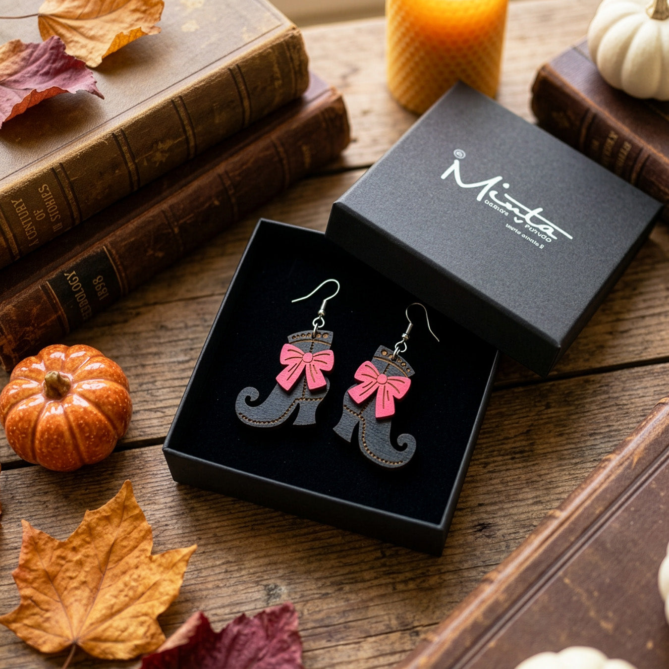 Witch shoes earrings in byMinta gift box with pumpkins and autumn leaves.