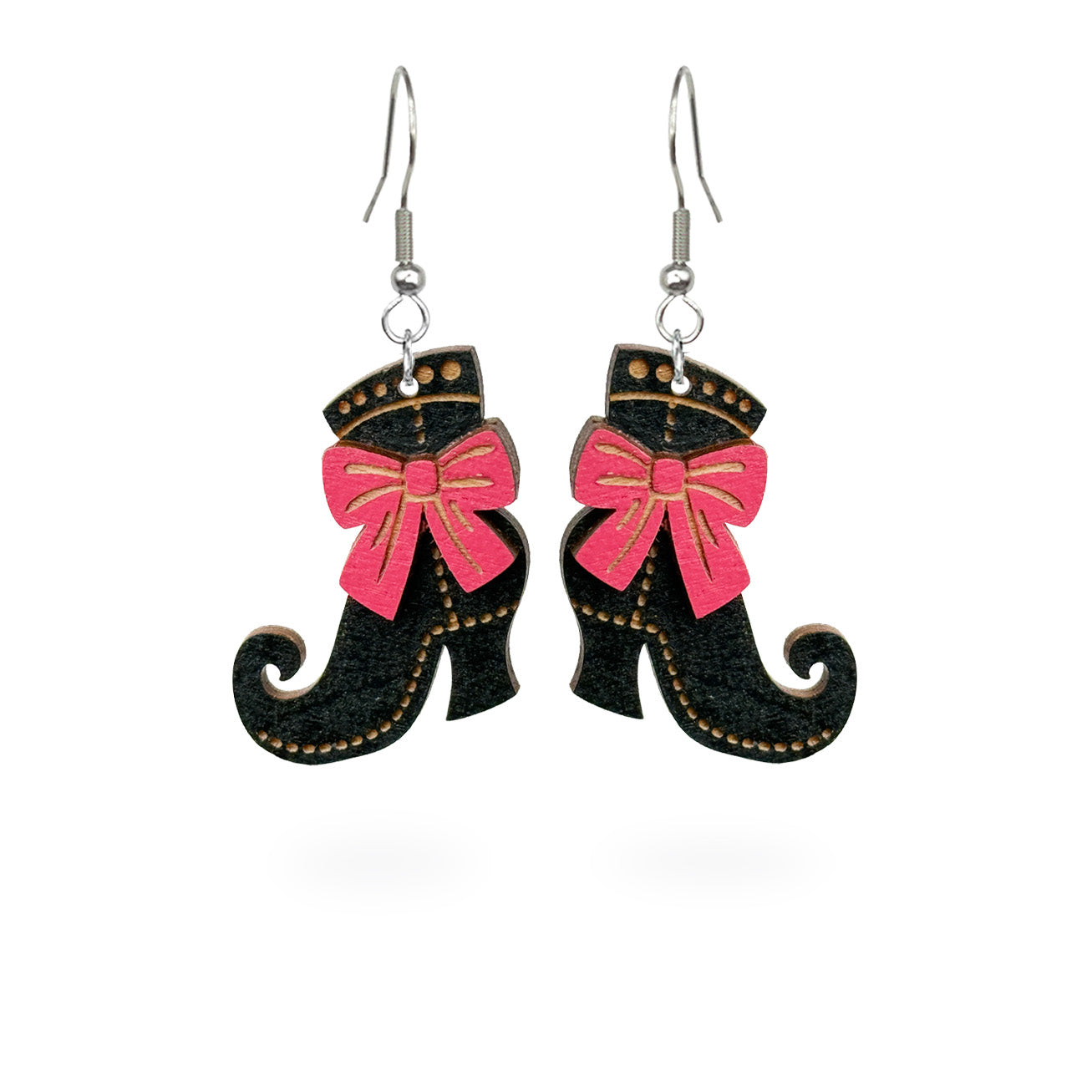 Witch shoes earrings on white background, handmade Halloween earrings from Finnish birch plywood.