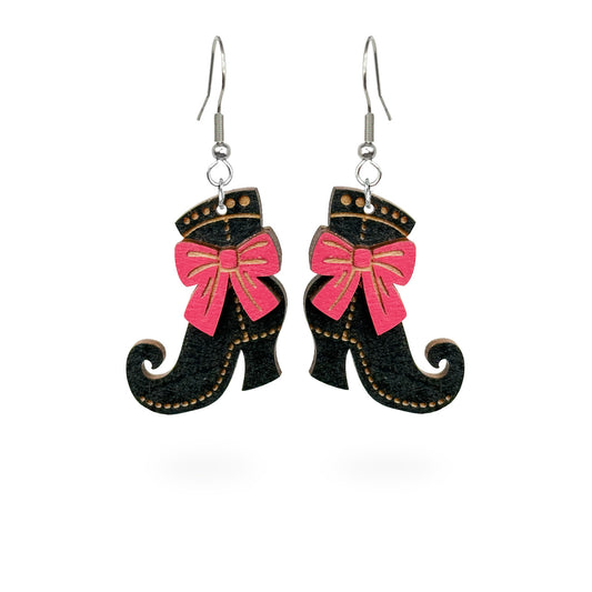 Witch shoes earrings on white background, handmade Halloween earrings from Finnish birch plywood.