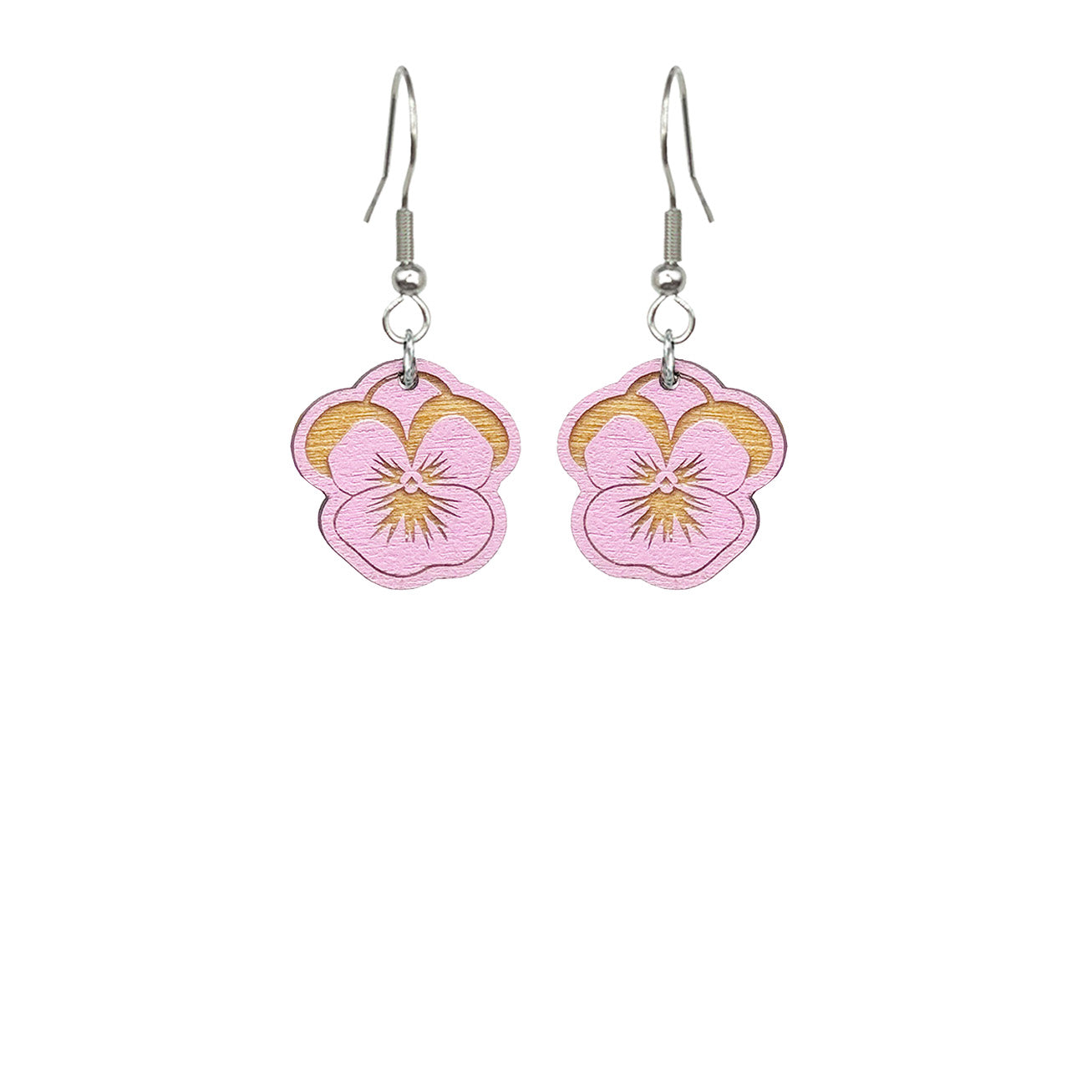 puutarhan orvokki korvakorut malva – orvokki kukkakorut koivuvaneri, kevyet ja kaiverretut | pansy earrings mauve birch plywood byMinta