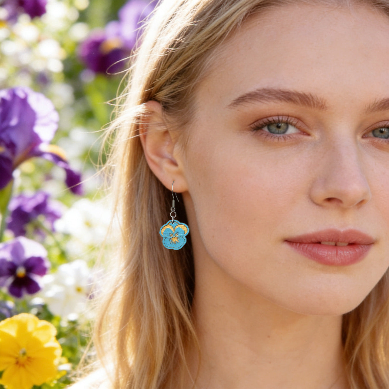Close-up portrait of a Scandinavian woman wearing handmade sky blue pansy earrings in a blooming spring garden. Lightweight Finnish birch plywood floral earrings photographed in soft natural sunlight with a fresh Nordic atmosphere.