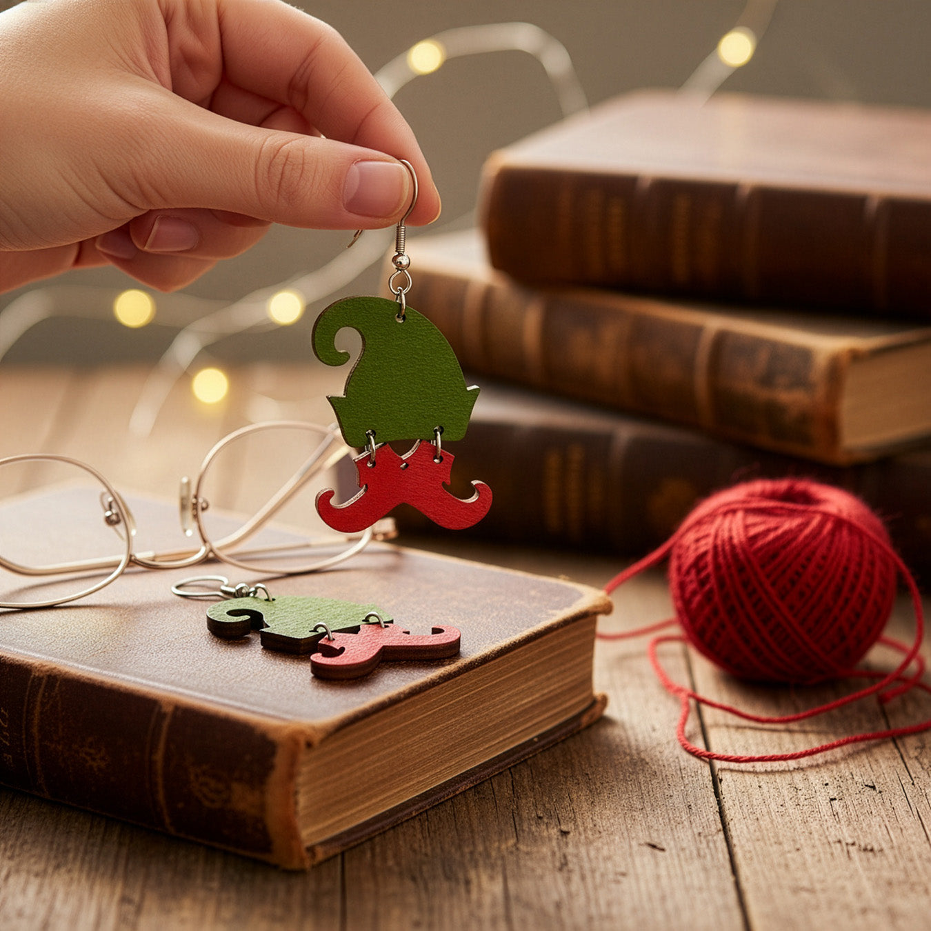 Hand holding an elf hat earring on a stack of vintage books with glasses, warm fairy lights, and red yarn in a cozy Christmas setting. Handmade in Finland by byMinta.
