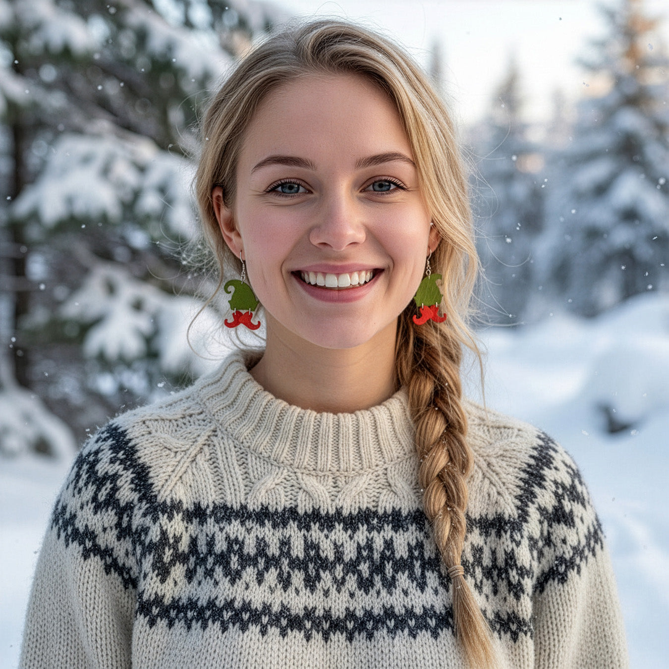 Smiling blonde woman wearing green and red elf hat earrings in a snowy winter landscape, dressed in a cozy Nordic knit sweater. Handmade in Finland by byMinta.