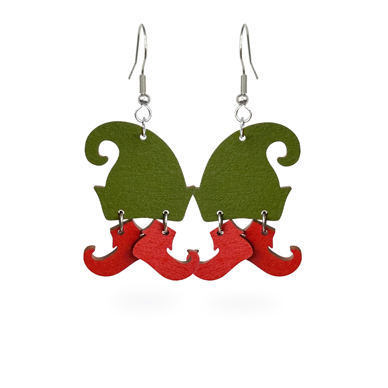 Playful elf hat earrings handmade from Finnish birch plywood, painted on both sides in festive green and red. Handmade in Finland by byMinta.