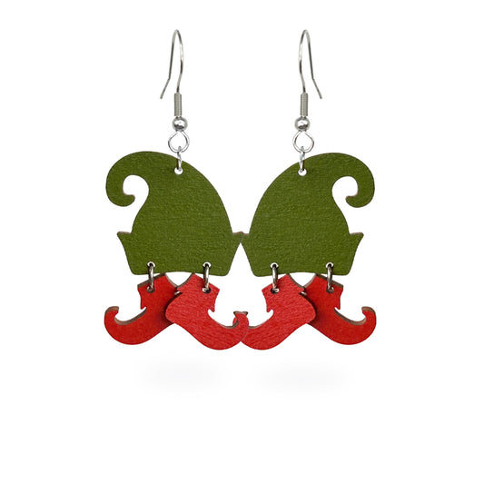 Playful elf hat earrings handmade from Finnish birch plywood, painted on both sides in festive green and red. Handmade in Finland by byMinta.