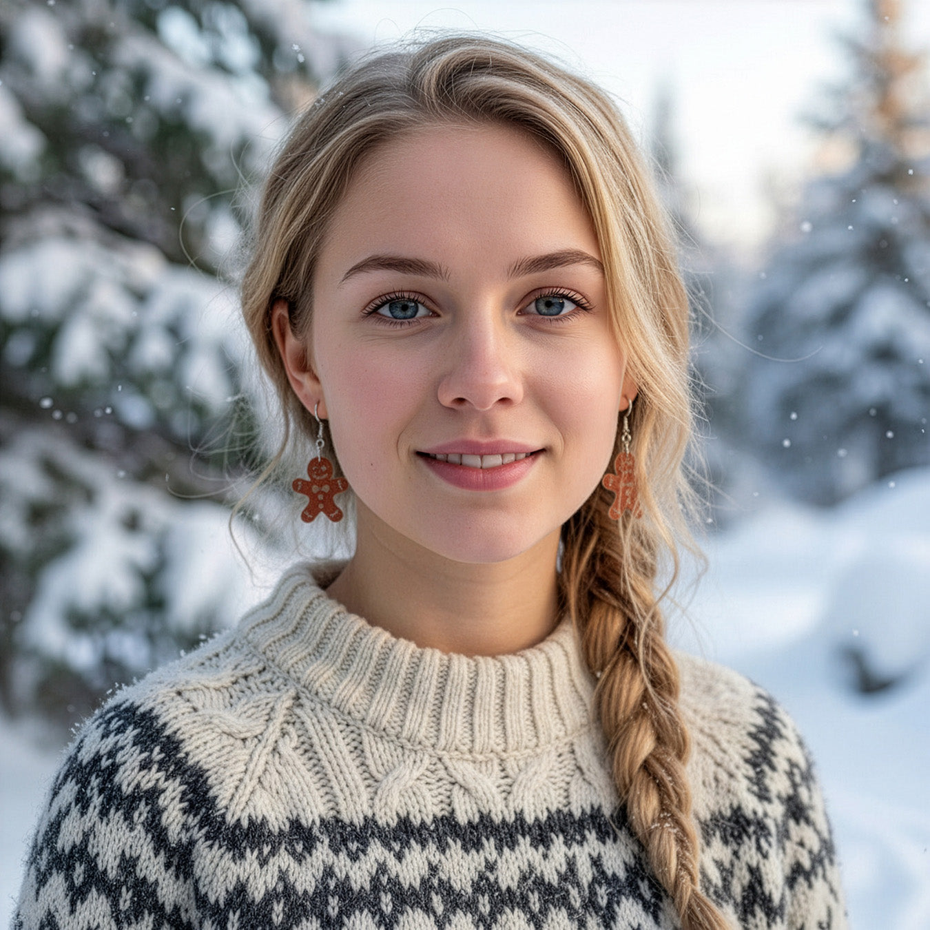 Blonde woman wearing gingerbread cookie earrings in a snowy winter landscape, dressed in a warm Nordic knit sweater. Handmade in Finland by byMinta.