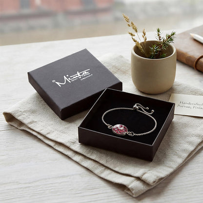 Handcrafted Rose Petal Bracelet with real rose petals displayed in a black jewelry gift box