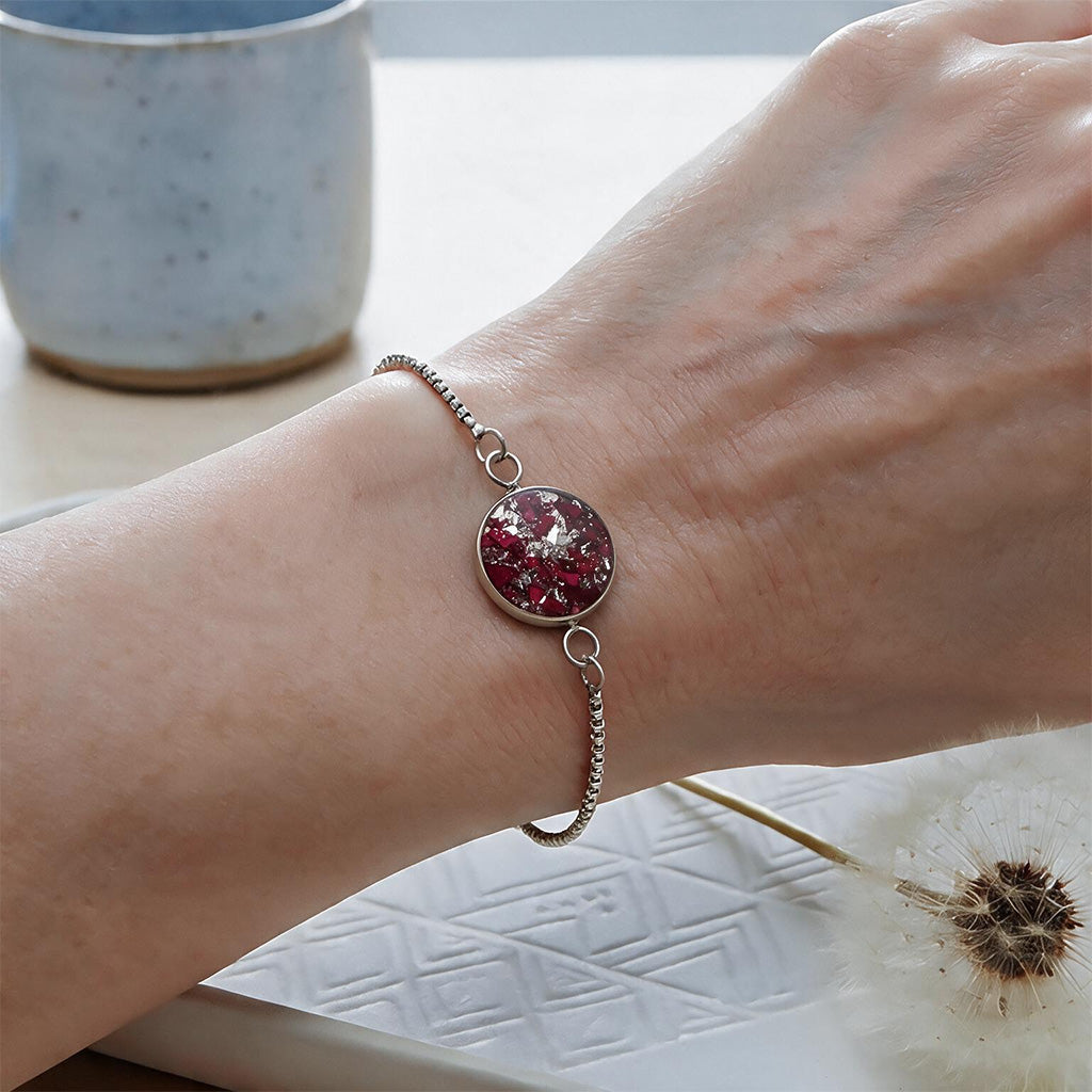 Handcrafted Rose Petal Bracelet with real rose petals worn on a wrist