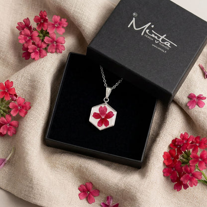 Real verbena flower necklace with stainless steel chain in byMinta gift box with floral styling