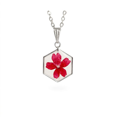 Necklace with real verbena flower pendant and stainless steel chain, handmade in Finland