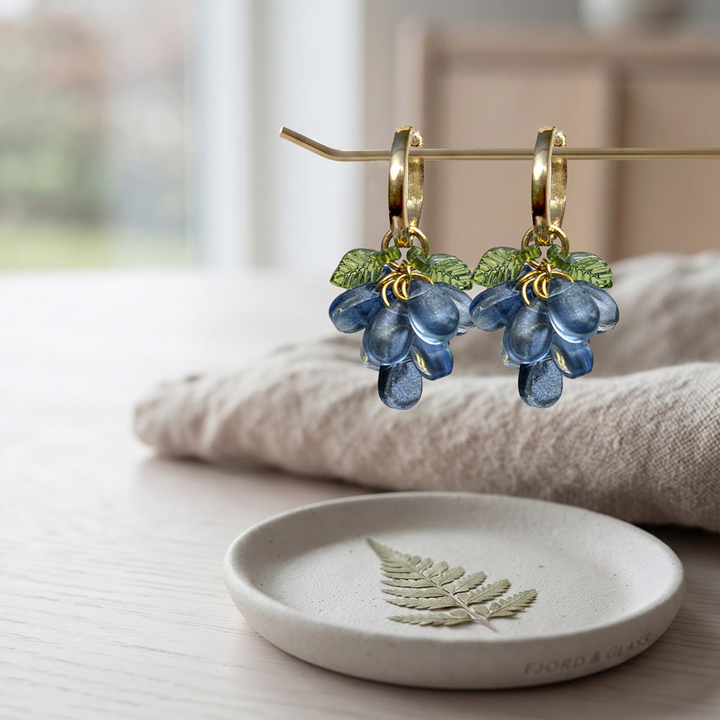 Blueberry Cluster Earrings – Blue Glass Bead Earrings with Gold Huggie Hoops