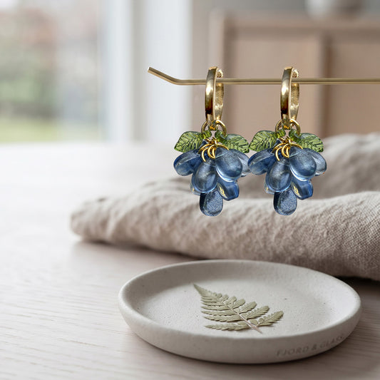 Blueberry Cluster Earrings – Blue Glass Bead Earrings with Gold Huggie Hoops