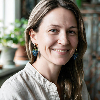 Blueberry Cluster Earrings Worn with Gold Huggie Hoops