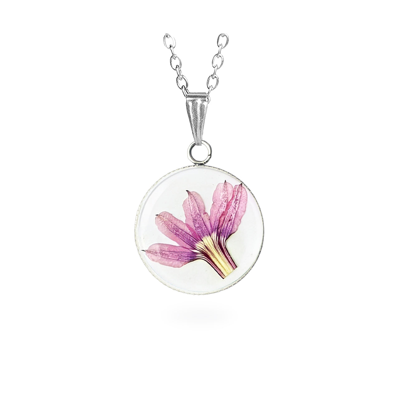 Handmade resin necklace with a real fan flower (Scaevola) preserved inside. Delicate botanical jewelry featuring a pressed pink fan flower on a white background and a stainless steel chain.