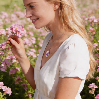 Scandinavian woman wearing a handmade resin necklace with a real pink fan flower (Scaevola) on a delicate chain. Botanical jewelry photographed in a field of small pink flowers in bright natural daylight with a soft and airy summer atmosphere.