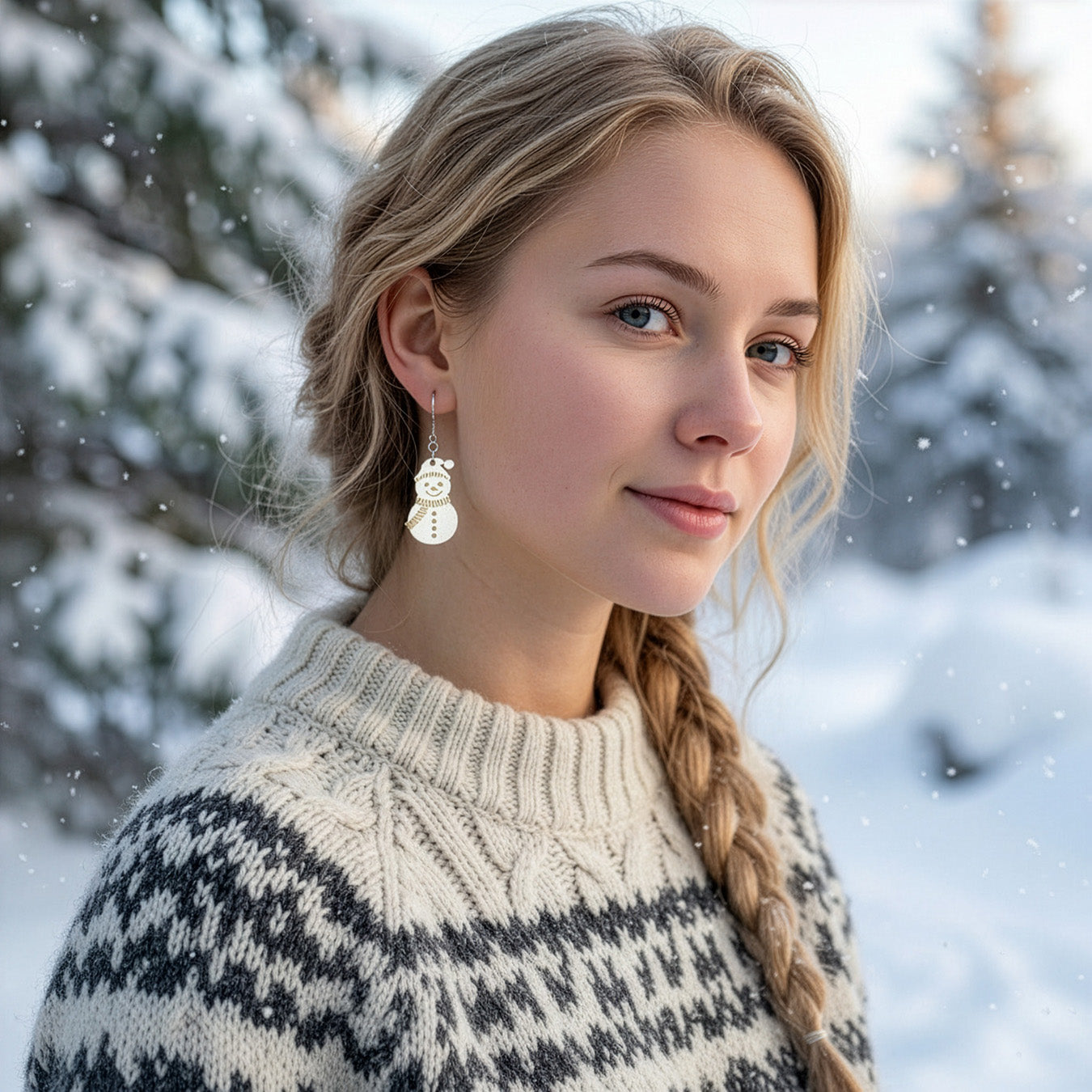 Blonde woman wearing the snowman earring in a snowy winter Finnish landscape, dressed in a warm Nordic knit sweater. Handmade in Finland by byMinta.