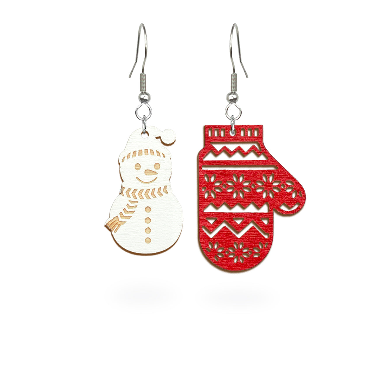 Playful mismatched earrings featuring a snowman and a red mitten, handmade from Finnish birch plywood and painted on both sides. Handmade in Finland by byMinta.
