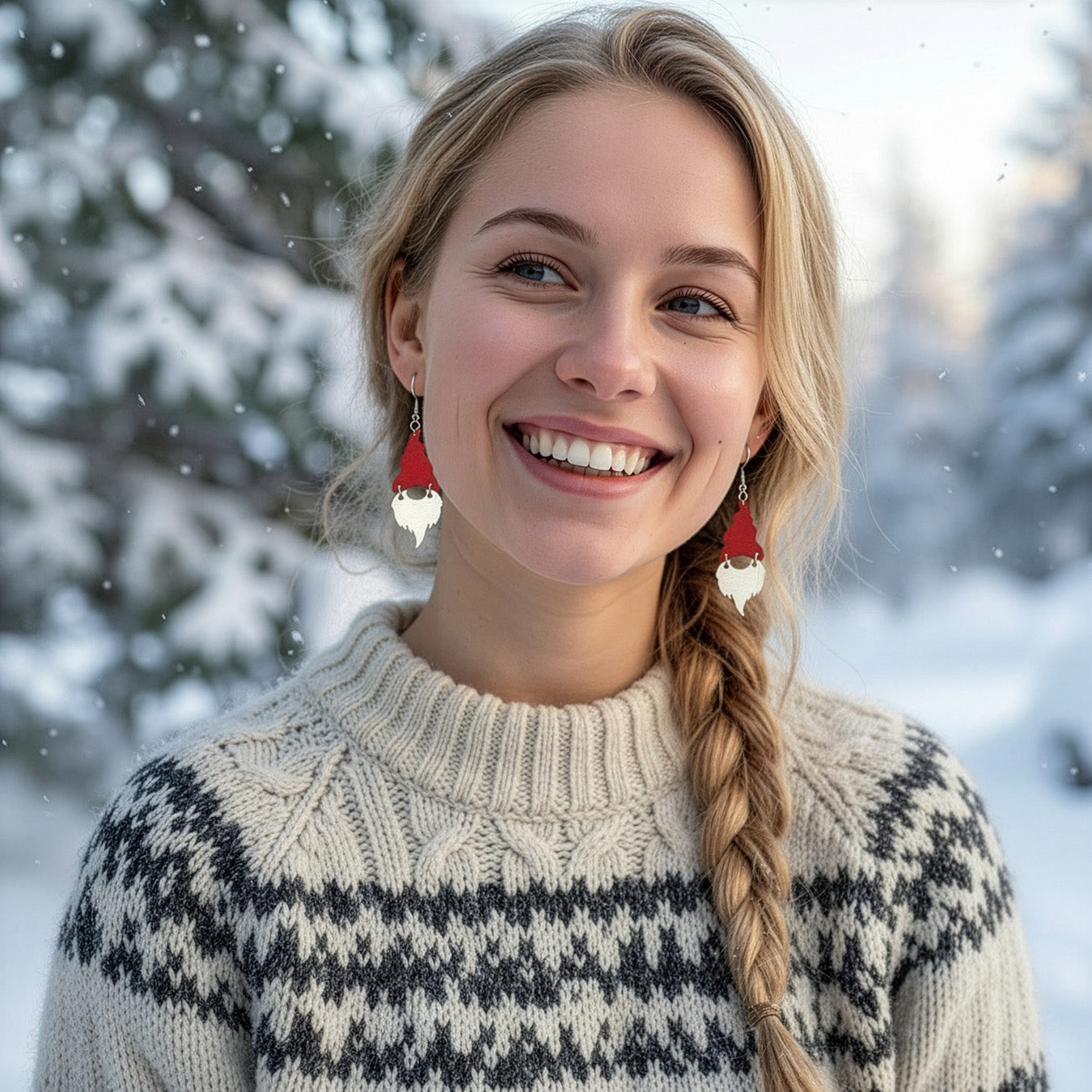 Smiling blonde woman wearing Christmas gnome earrings in a snowy winter landscape, dressed in a cozy Nordic knit sweater. Handmade in Finland by byMinta.