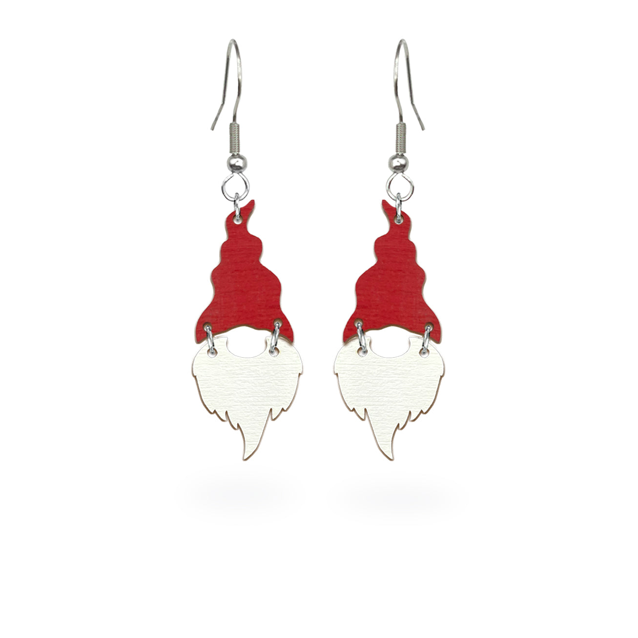 Playful Christmas gnome earrings handmade from Finnish birch plywood, painted on both sides in festive red and white. Handmade in Finland by byMinta.