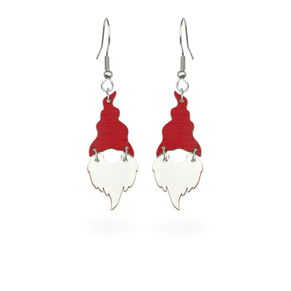 Playful Christmas gnome earrings handmade from Finnish birch plywood, painted on both sides in festive red and white. Handmade in Finland by byMinta.