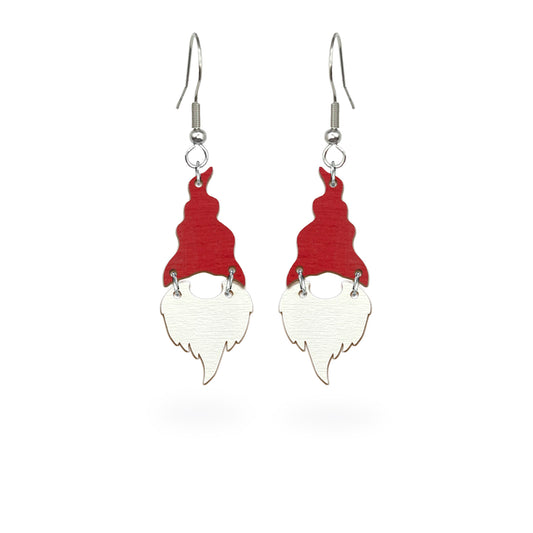 Playful Christmas gnome earrings handmade from Finnish birch plywood, painted on both sides in festive red and white. Handmade in Finland by byMinta.