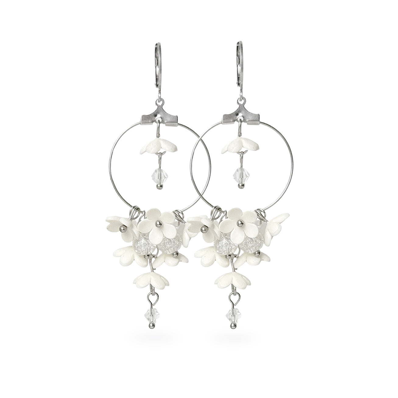 White Lilac Hoop Earrings featuring delicate white flowers, crystal details, and an airy silver hoop design. Handmade in Finland by byMinta.