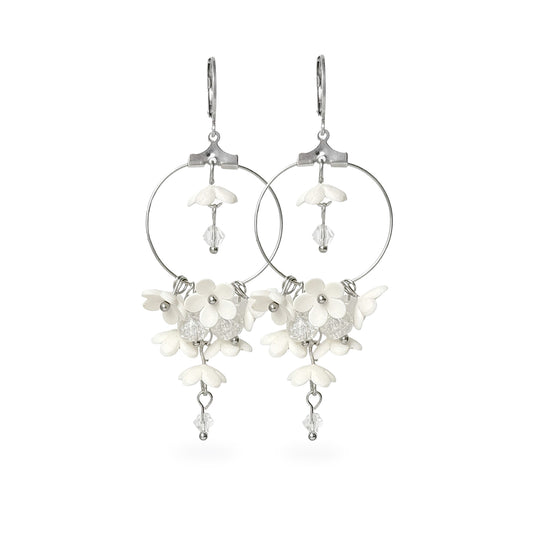 White Lilac Hoop Earrings featuring delicate white flowers, crystal details, and an airy silver hoop design. Handmade in Finland by byMinta.