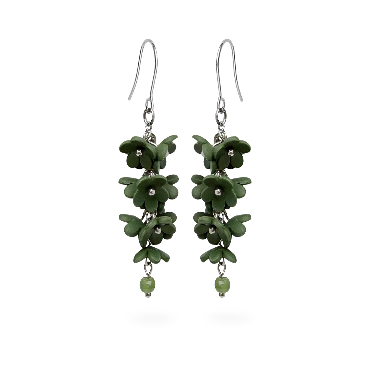 Shadow Vine Green Earrings featuring cascading forest green flowers and soft green crystal details. Handmade in Finland by byMinta.