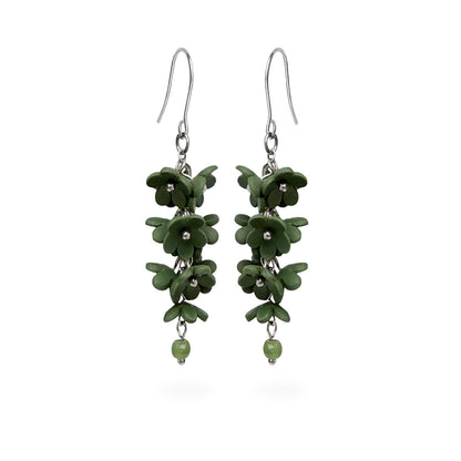 Shadow Vine Green Earrings featuring cascading forest green flowers and soft green crystal details. Handmade in Finland by byMinta.